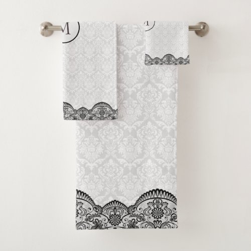 White Damask And Black Lace Bath Towel Set