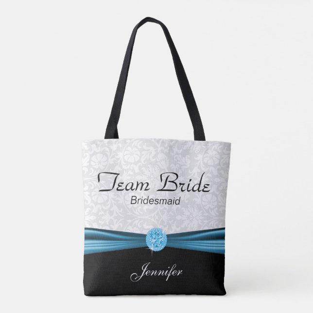 White Damask and Blue Team Bride Tote Bag (Back)