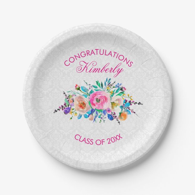 White Damask And Bouquet- Graduations Paper Plates (Front)