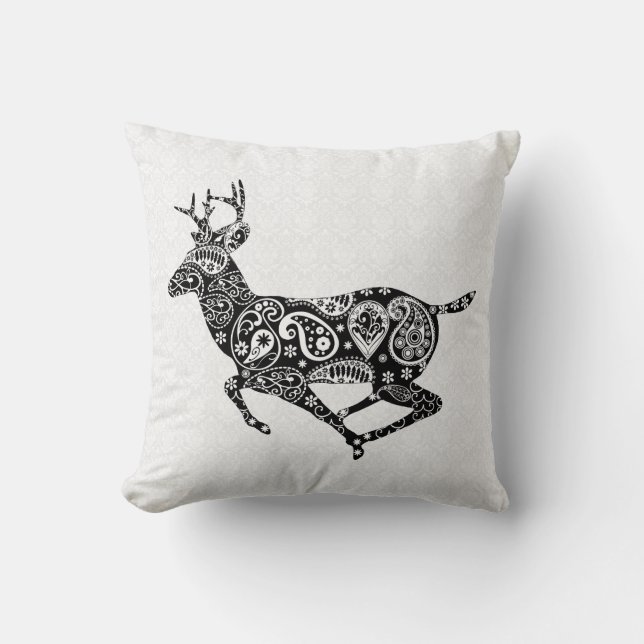 White Damask And Deer Throw Pillow (Front)