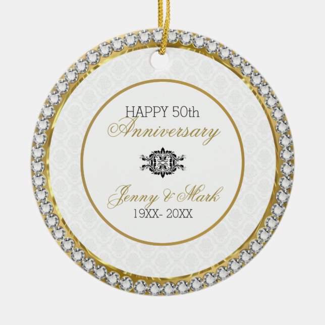 White Damask And Diamonds- 50th Anniversary Ceramic Ornament (Front)