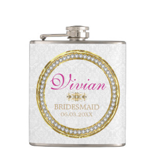 White Damask And Diamonds Hip Flask