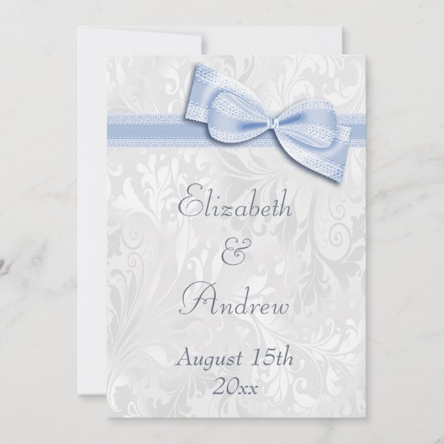 White Damask and Faux Bow Wedding Invitation (Front)