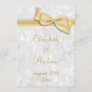 White Damask And Faux Bow Wedding Invitation by Sarah_Designs at Zazzle