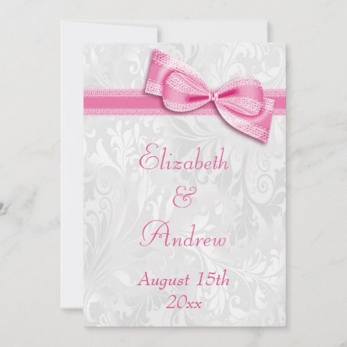 White Damask and Faux Pink Bow Wedding Invitation
