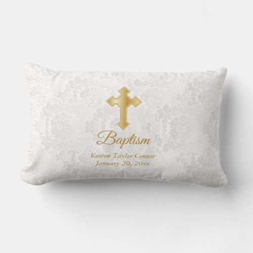 White Damask and Gold Baptism Lumbar Pillow