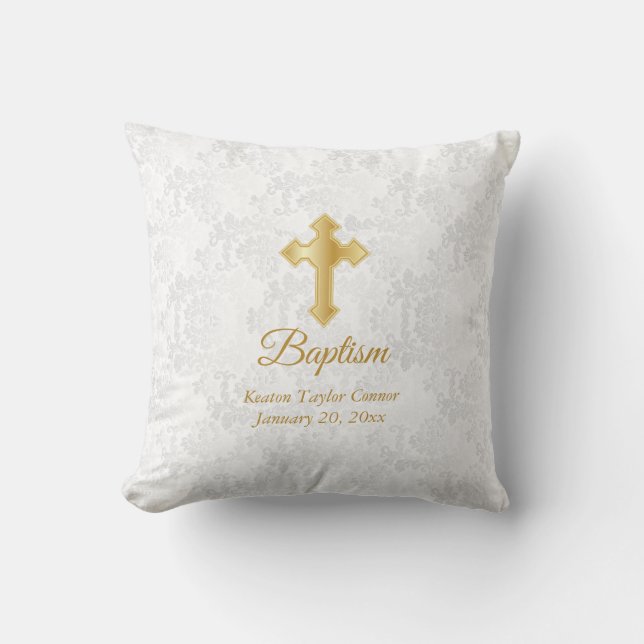 White Damask and Gold Baptism Throw Pillow (Front)