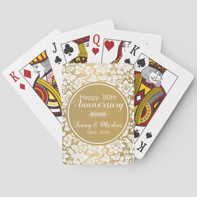 White Damask And Gold Circle- Anniversary Poker Cards (Back)