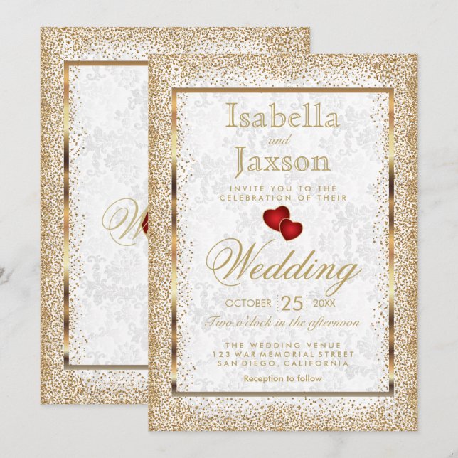 White Damask and Gold Confetti Invitation (Front/Back)