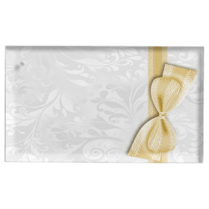 White Damask and  Gold Faux Bow Table Card Holder