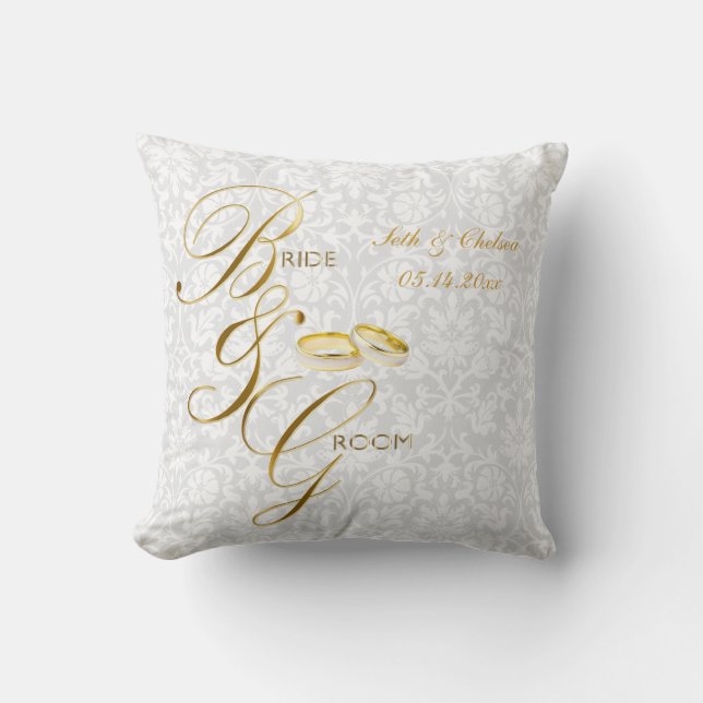 White Damask and Gold Wedding Keepsake Throw Pillow (Front)