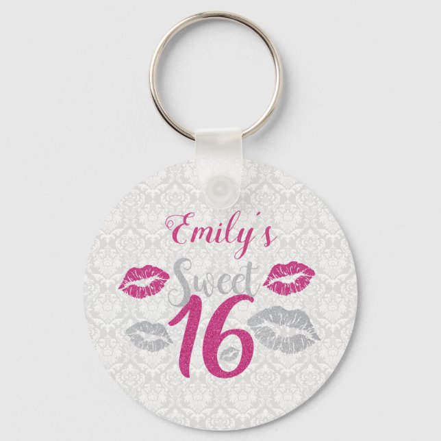 White Damask And Pink And Gray Glitter Keychain (Front)