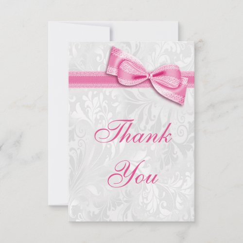 White Damask and Pink Faux Bow Thank You