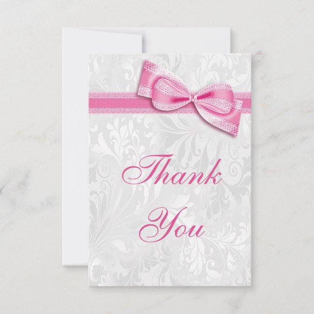 White Damask and Pink Faux Bow Thank You Card (Front)