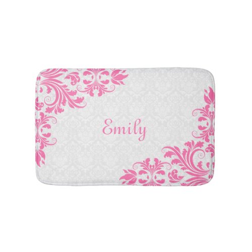 White Damask And Pink Swirls Bath Mat