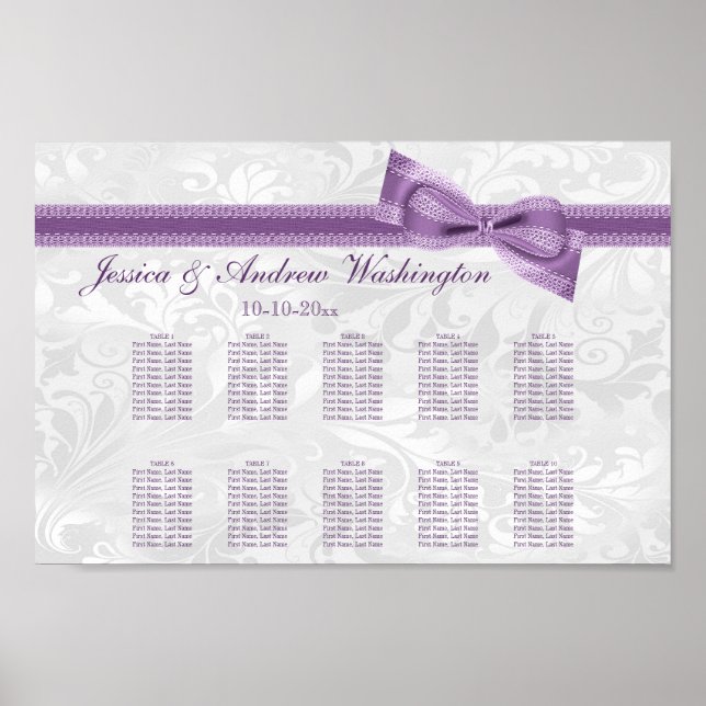 White Damask and Purple Faux Bow Seating Chart (Front)
