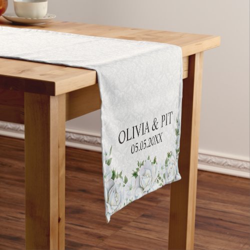 White Damask And Roses_ Save The Date Short Table Runner