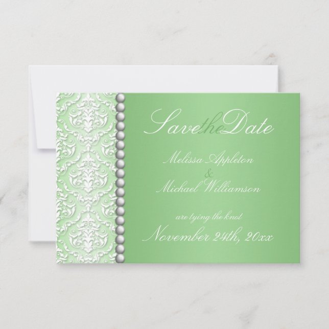 White Damask & Bead Green Wedding Save the Date (Front)