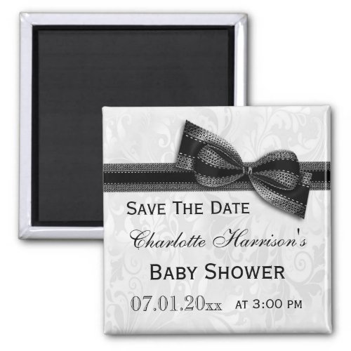 White Damask  Black Bow Baby Shower Save The Date Magnet