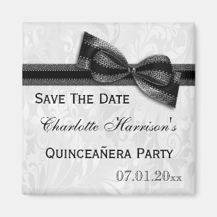 White Damask & Black Bow Quinceañera Save The Date Magnet