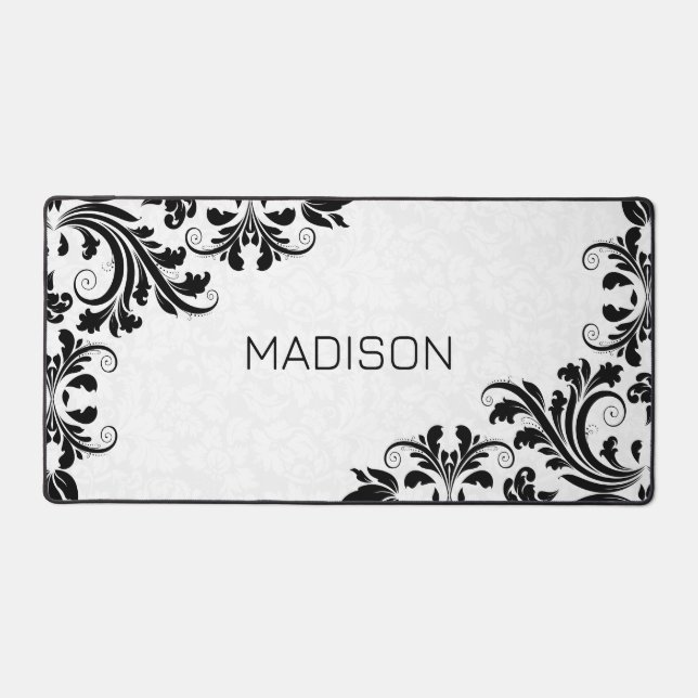White Damask Black Swirls Desk Mat (Front)