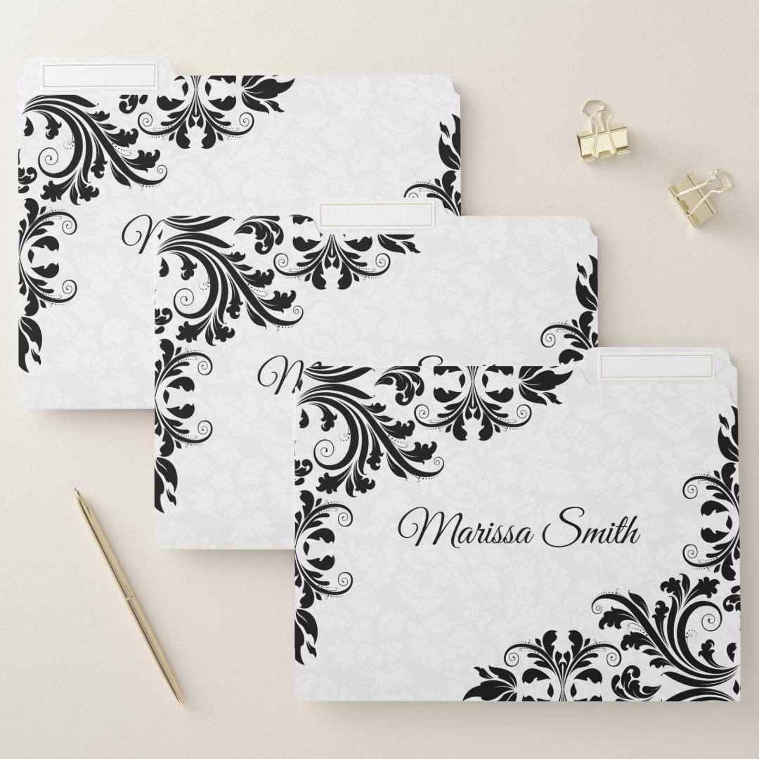 White Damask Black Swirls File Folder Zazzle