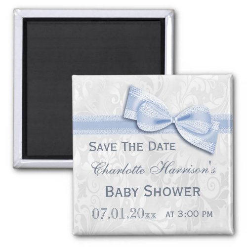 White Damask  Blue Bow Baby Shower Save The Date Magnet