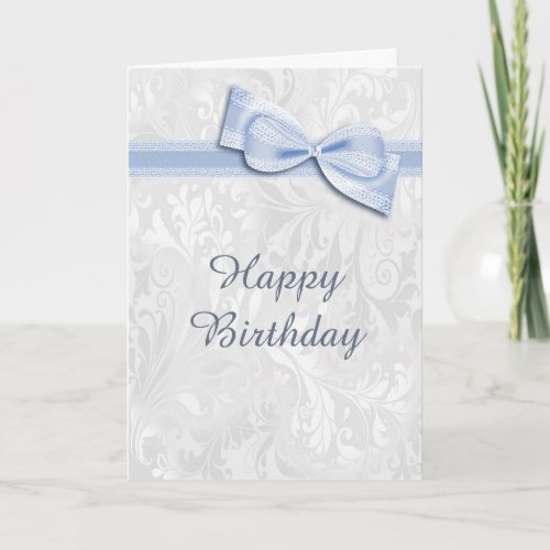 White Damask  Blue Faux Bow Female Birthday Card