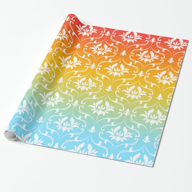 White Damask Colorful Ombre Wrapping Paper (Unrolled)