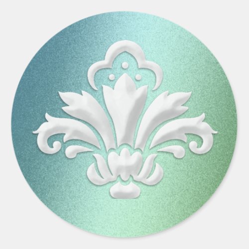 White Damask Design on Blue and Green Shimmer Classic Round Sticker