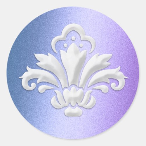 White Damask Design on Blue and Purple Classic Round Sticker