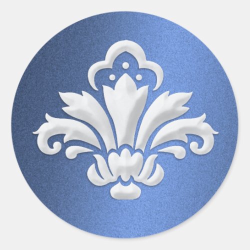 White Damask Design on Blue Shimmer Classic Round Sticker