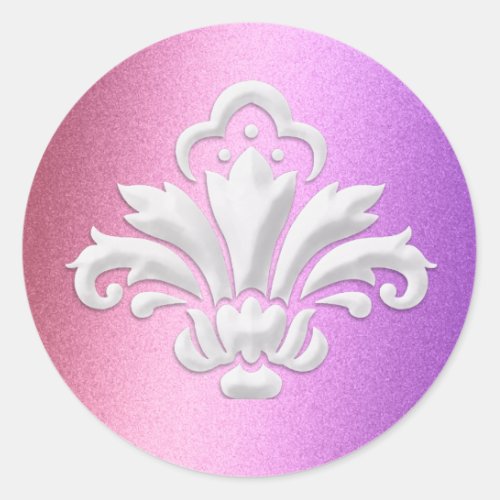 White Damask Design on Pink and Purple Shimmer Classic Round Sticker