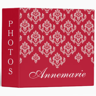 White Damask Design On Red Personalized Name Photo Binder