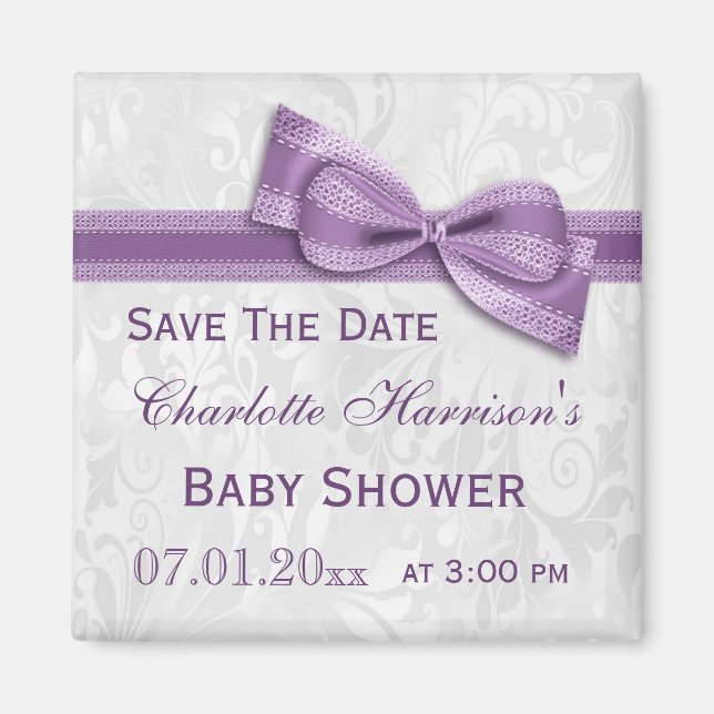 White Damask & Faux Bow Baby Shower Save The Date Magnet (Front)