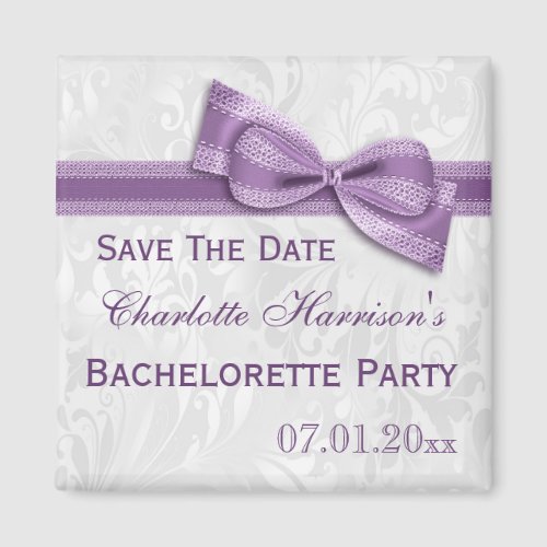 White Damask  Faux Bow Bachelorette Save The Date Magnet