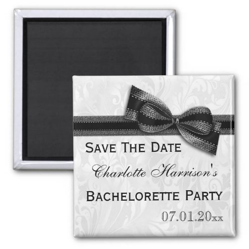 White Damask  Faux Bow Bachelorette Save The Date Magnet