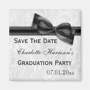 White Damask & Faux Bow Graduation Save The Date Magnet
