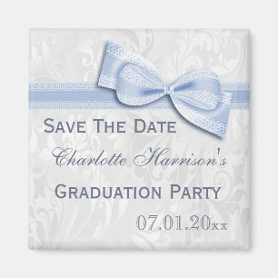 White Damask & Faux Bow Graduation Save The Date Magnet