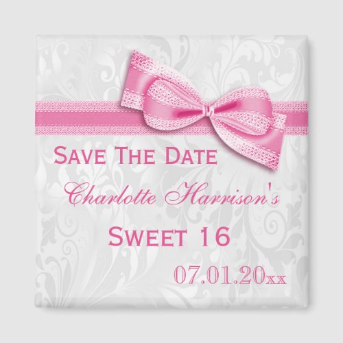 White Damask  Faux Bow Sweet 16 Save The Date Magnet