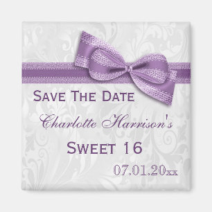 White Damask & Faux Bow Sweet 16 Save The Date Magnet