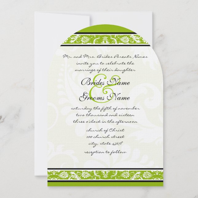 White Damask Floral Apple Green Wedding Invitation (Back)