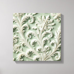 White Damask Floral Pattern Soft Green Background  Canvas Print