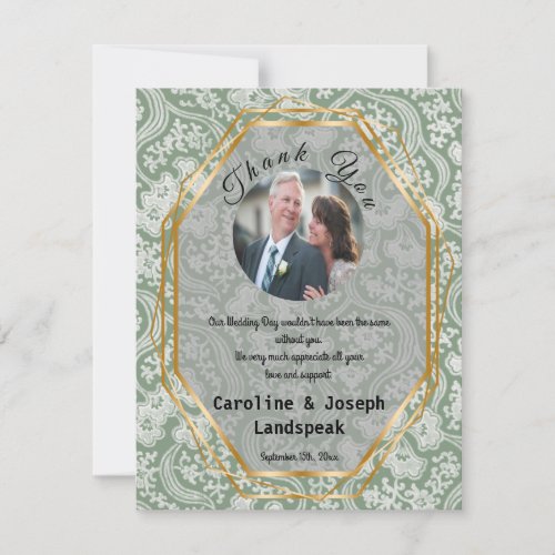 White Damask Flowers Green Sage with Gold Thank Yo Thank You Card