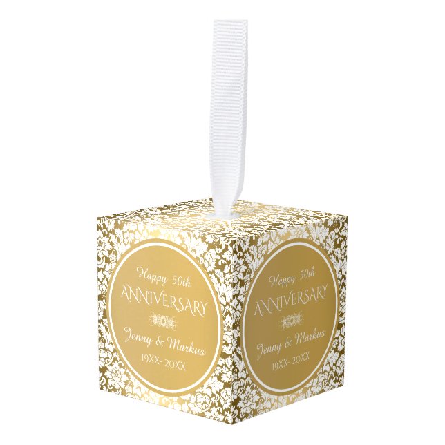 White Damask Gold Background Cube Ornament (Front Angled)