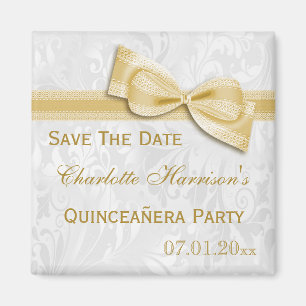 White Damask & Gold Bow Quinceañera Save The Date Magnet