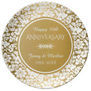 White Damask Gold Circle- 50th Anniversary Dinner Plate at Zazzle