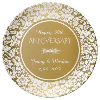 White Damask Gold Circle- 50th Anniversary Dinner Plate by gogaonzazzle at Zazzle