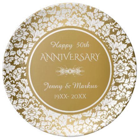 White Damask Gold Circle- 50th Anniversary Dinner Plate