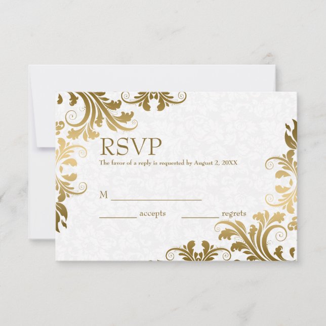White Damask & Gold Lace RSVP Card (Front)